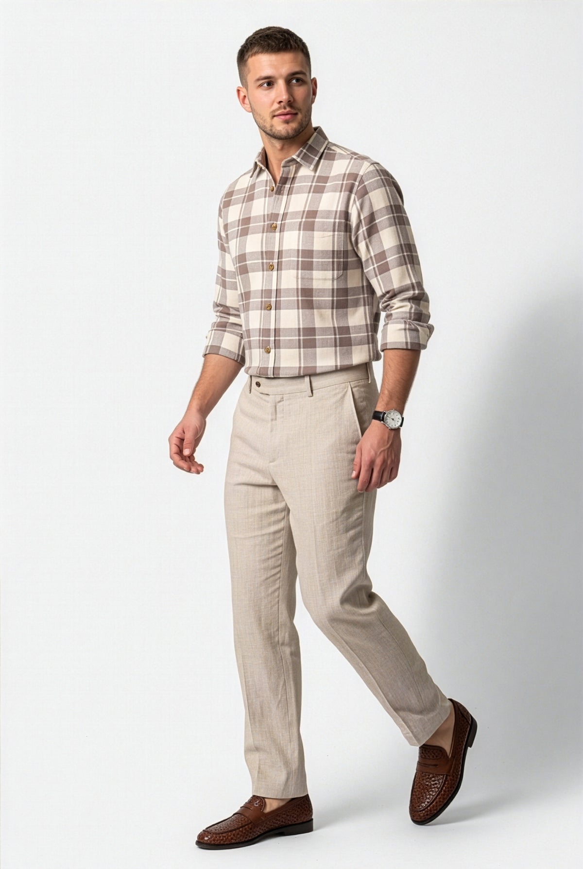 Three-quarter front view of men's taupe and cream large-check cotton dobby shirt