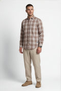 Full-length front view of brown and cream plaid cotton dobby shirt