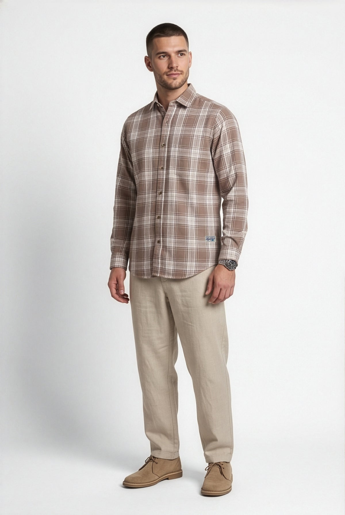 Full-length front view of brown and cream plaid cotton dobby shirt