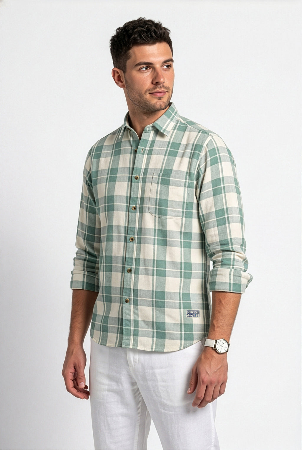 Full-length front view of sage green and cream plaid cotton dobby shirt