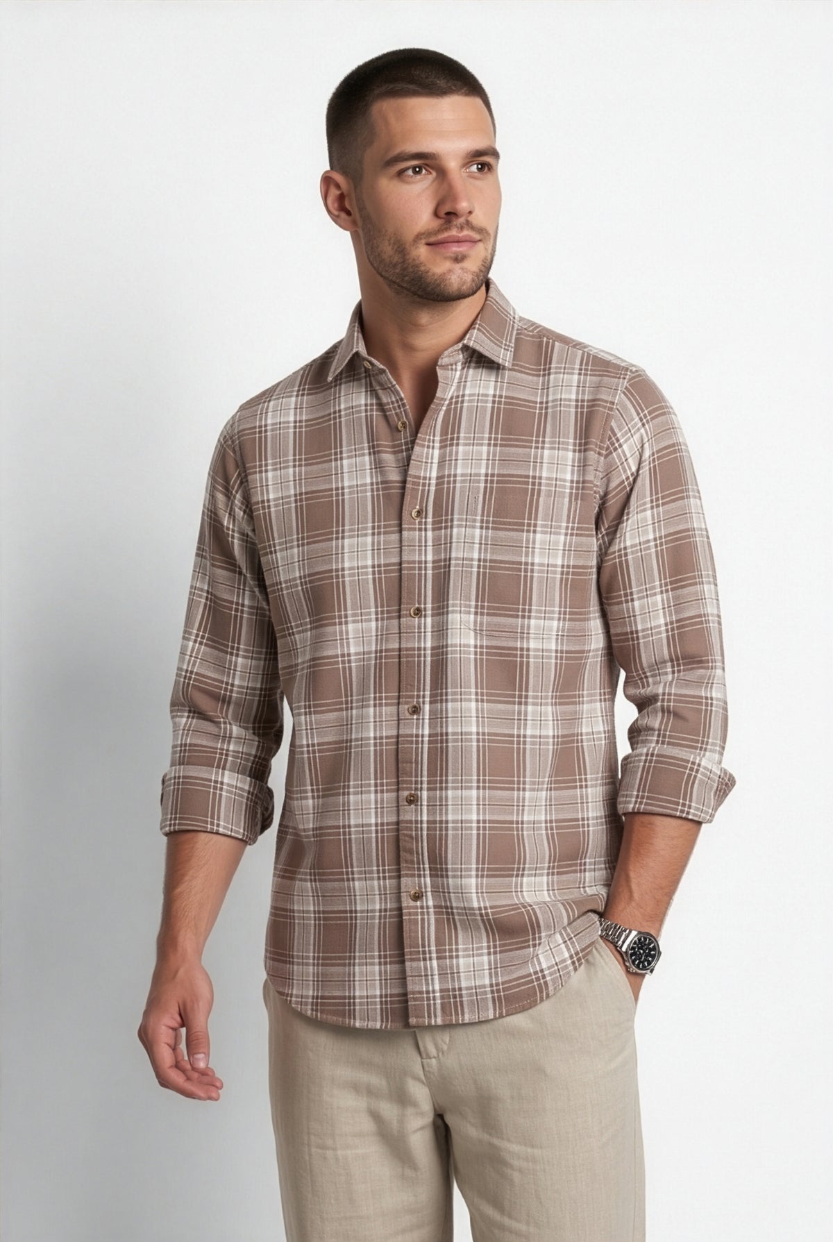 Front view of men's brown and cream plaid cotton dobby shirt