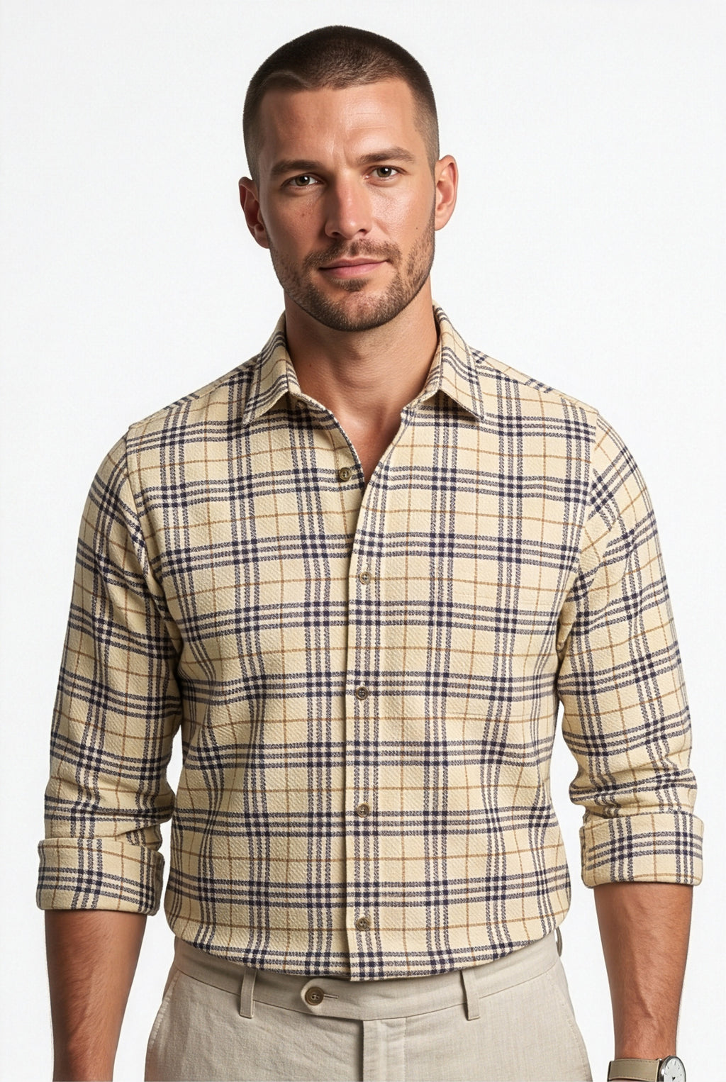 Collar and chest pocket detail of beige and black plaid cotton dobby shirt