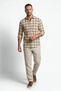 Three-quarter front view of men's beige and black plaid cotton dobby shirt