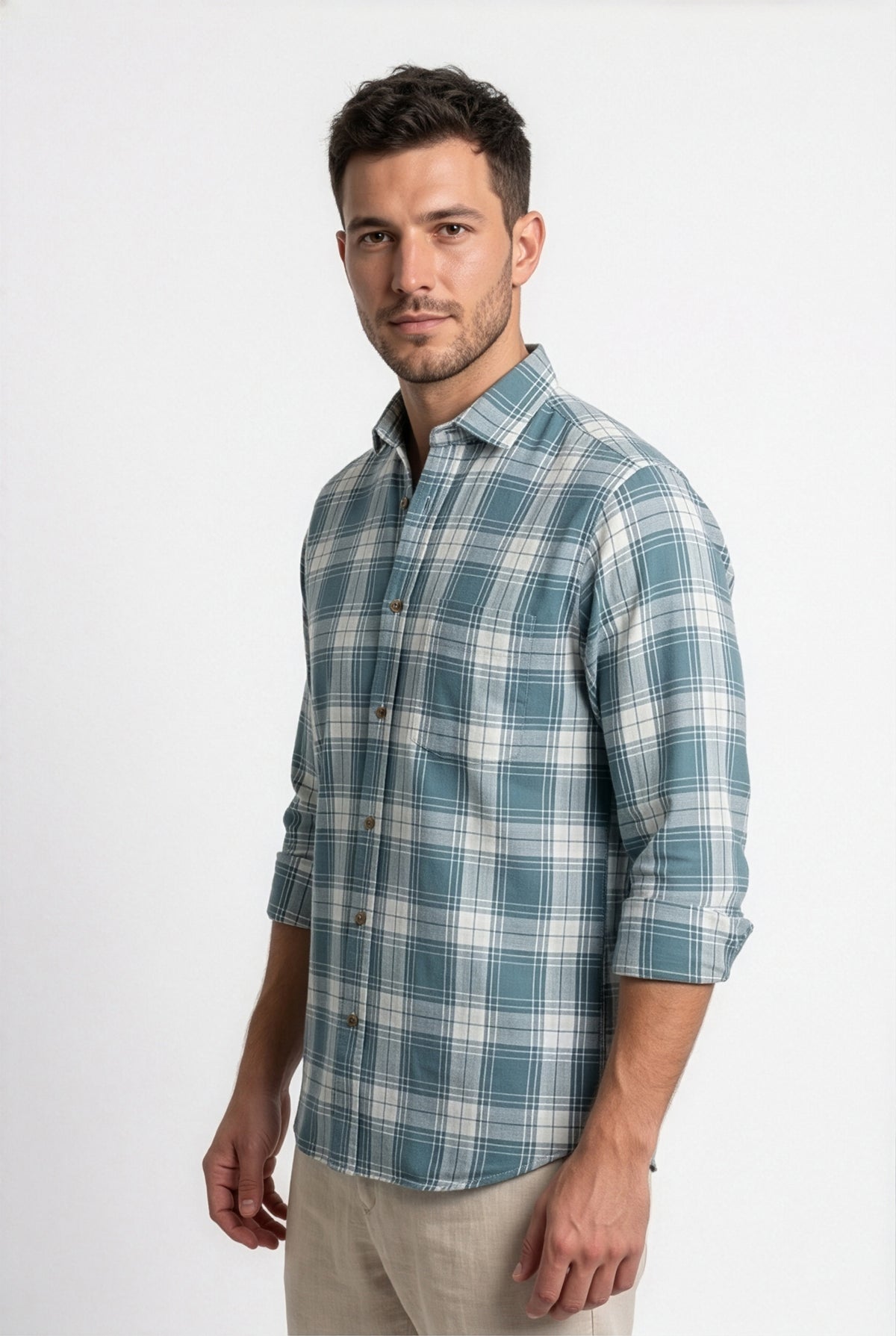 Full-length view of teal and light grey large-check cotton dobby shirt