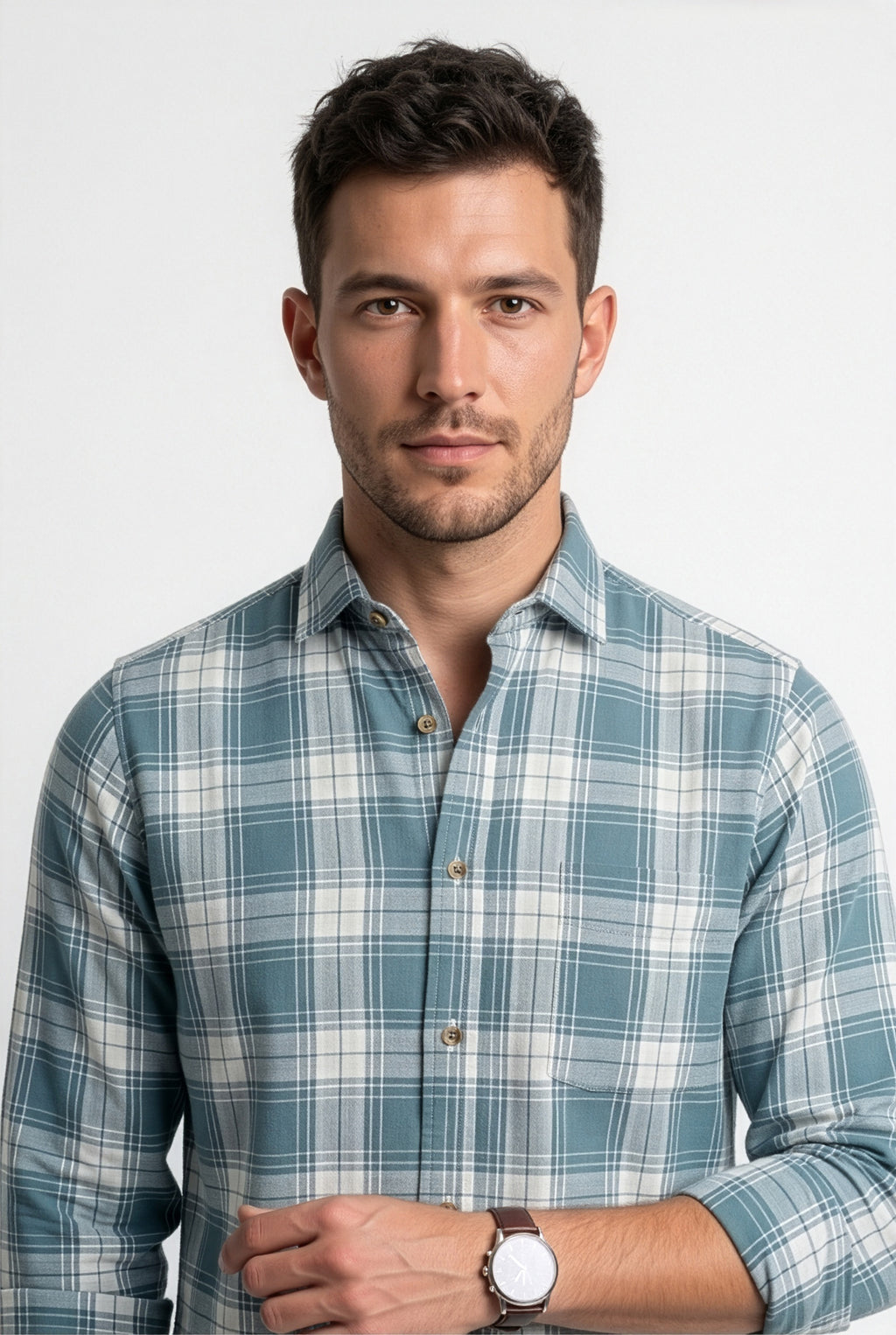Collar and chest pocket detail of teal and light grey large-check cotton dobby shirt