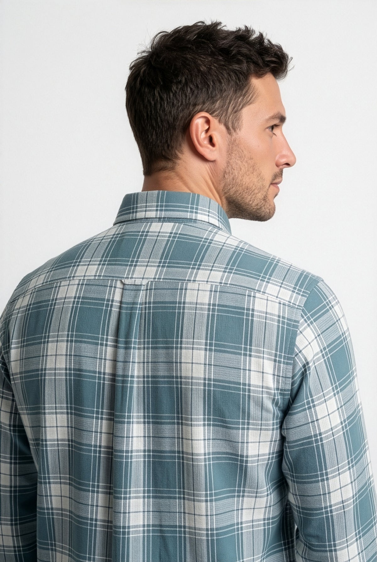 Back yoke and centre pleat detail of teal and light grey large-check cotton dobby shirt