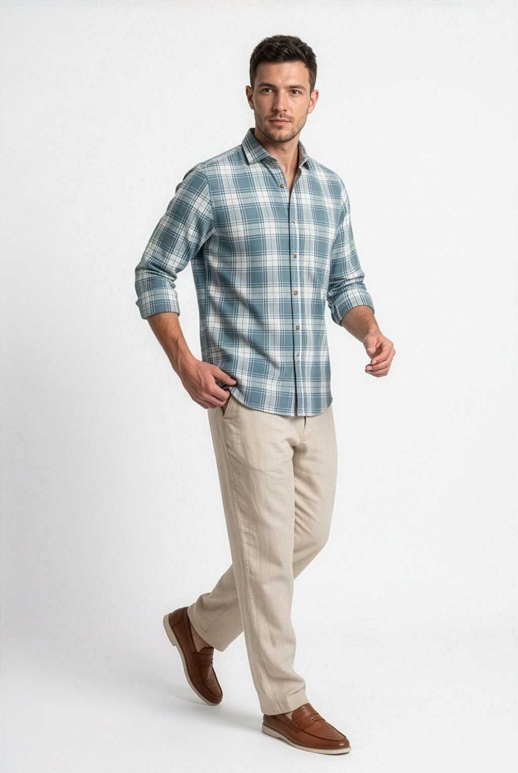 Front view of men's teal and light grey large-check cotton dobby shirt