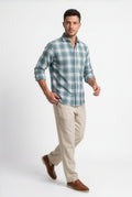 Front view of men's teal and light grey large-check cotton dobby shirt
