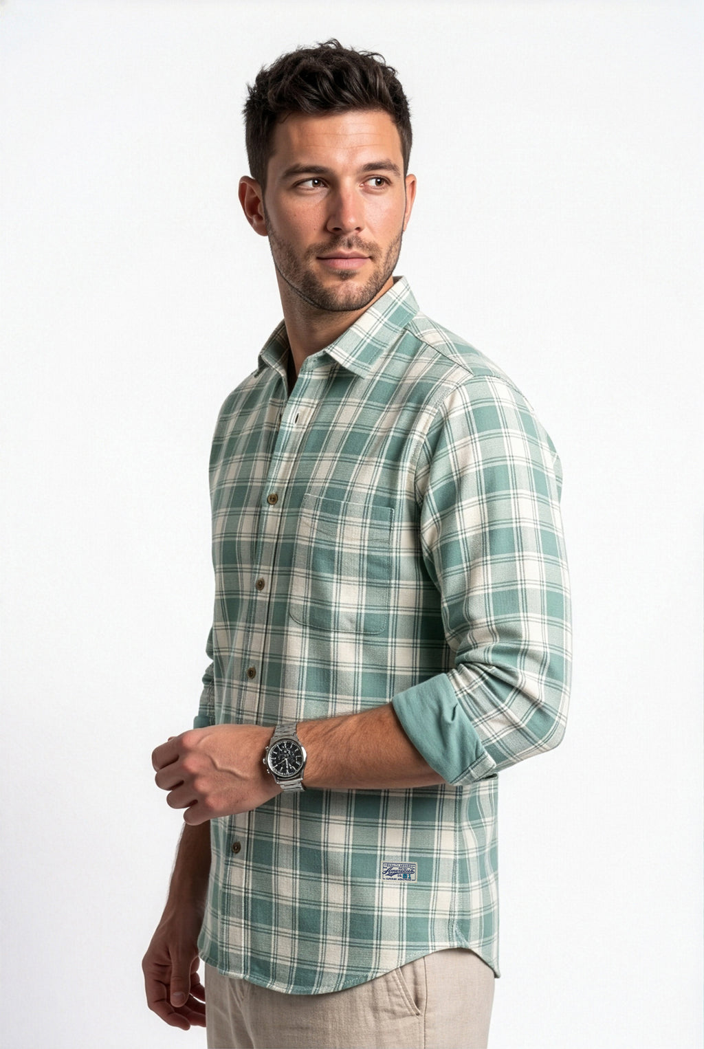 Full-length front view of green and cream plaid cotton dobby shirt