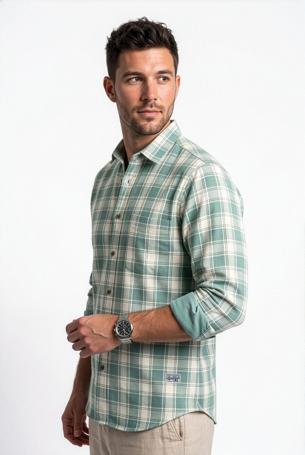 Full-length front view of green and cream plaid cotton dobby shirt