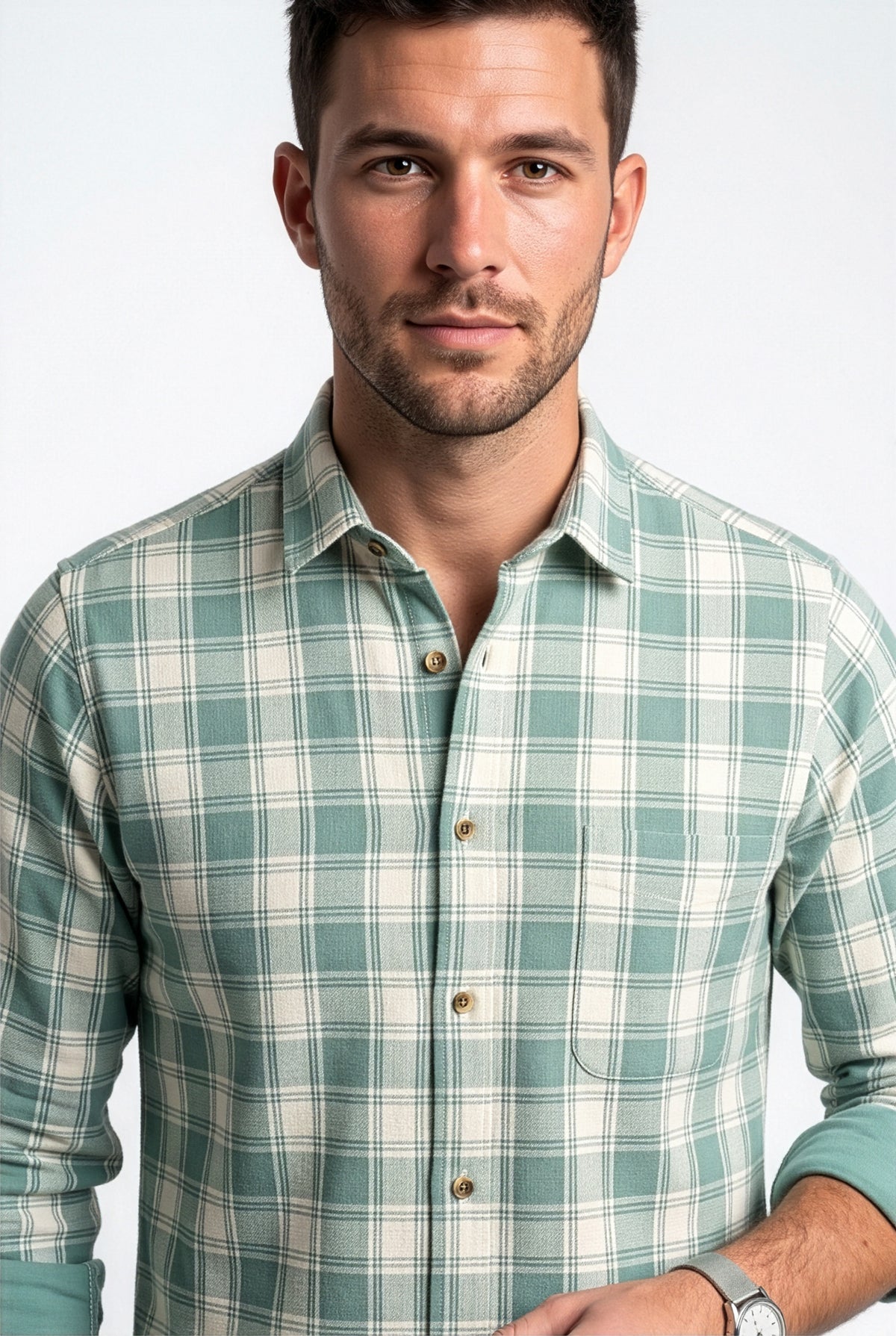 Collar and chest pocket detail of green and cream plaid cotton dobby shirt