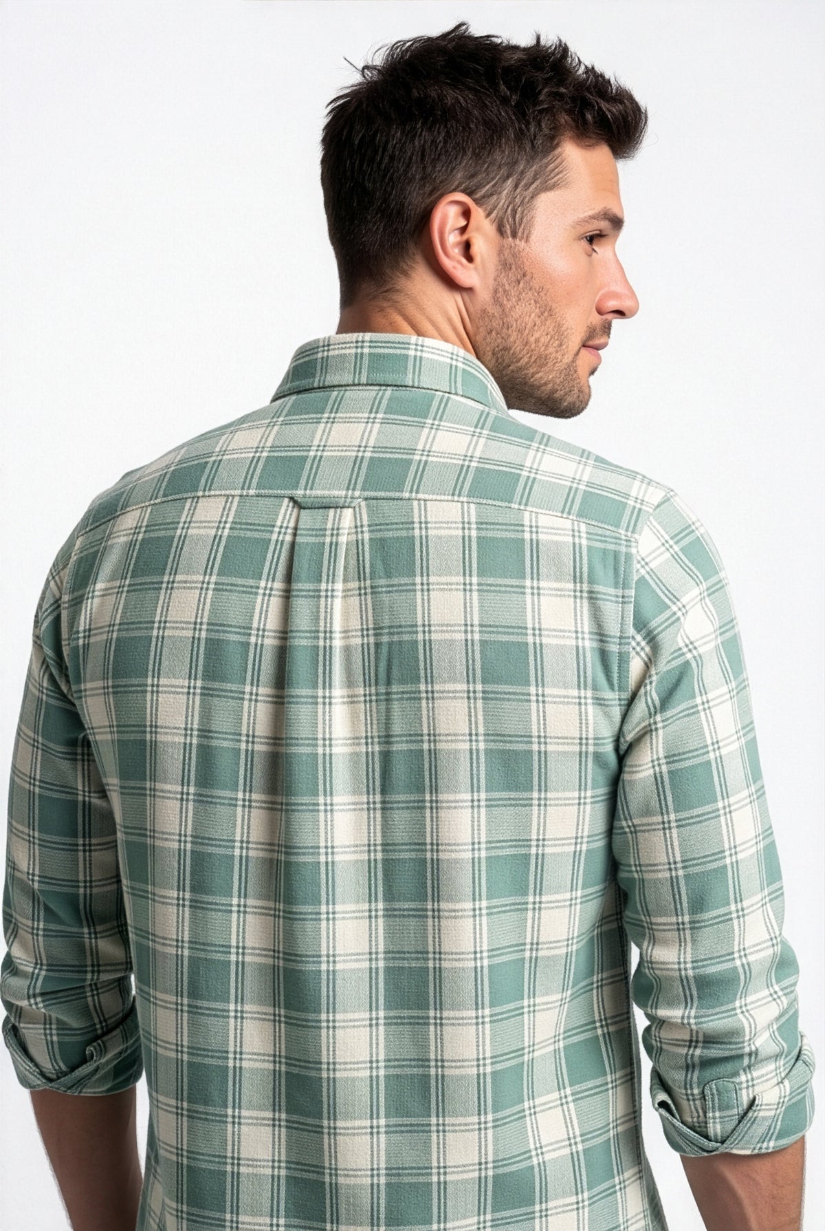 Back yoke and centre pleat detail of green and cream plaid cotton dobby shirt
