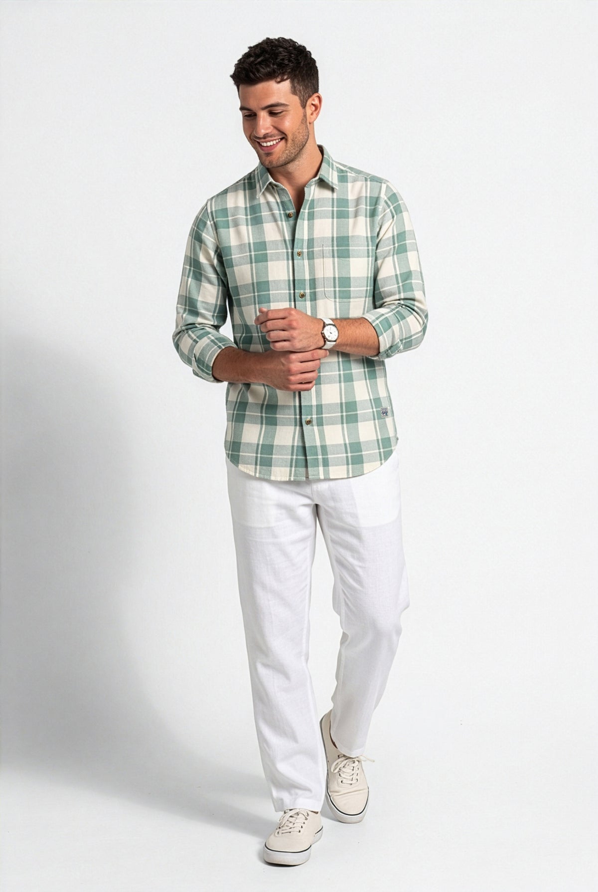 Three-quarter front view of men's sage green and cream plaid cotton dobby shirt