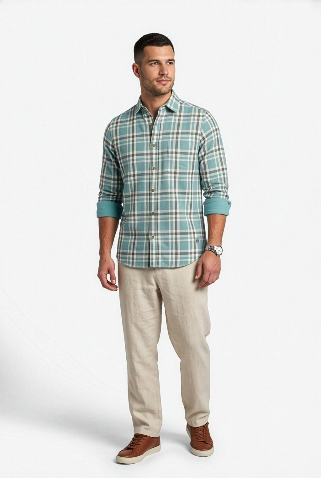 Full-length front view of men's teal and grey plaid cotton dobby shirt