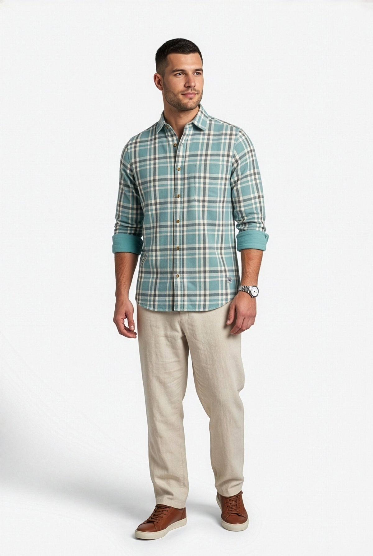 Full-length front view of men's teal and grey plaid cotton dobby shirt