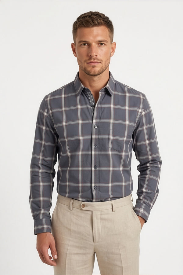 Americus Mens Cotton Check Shirt Charcoal Grey