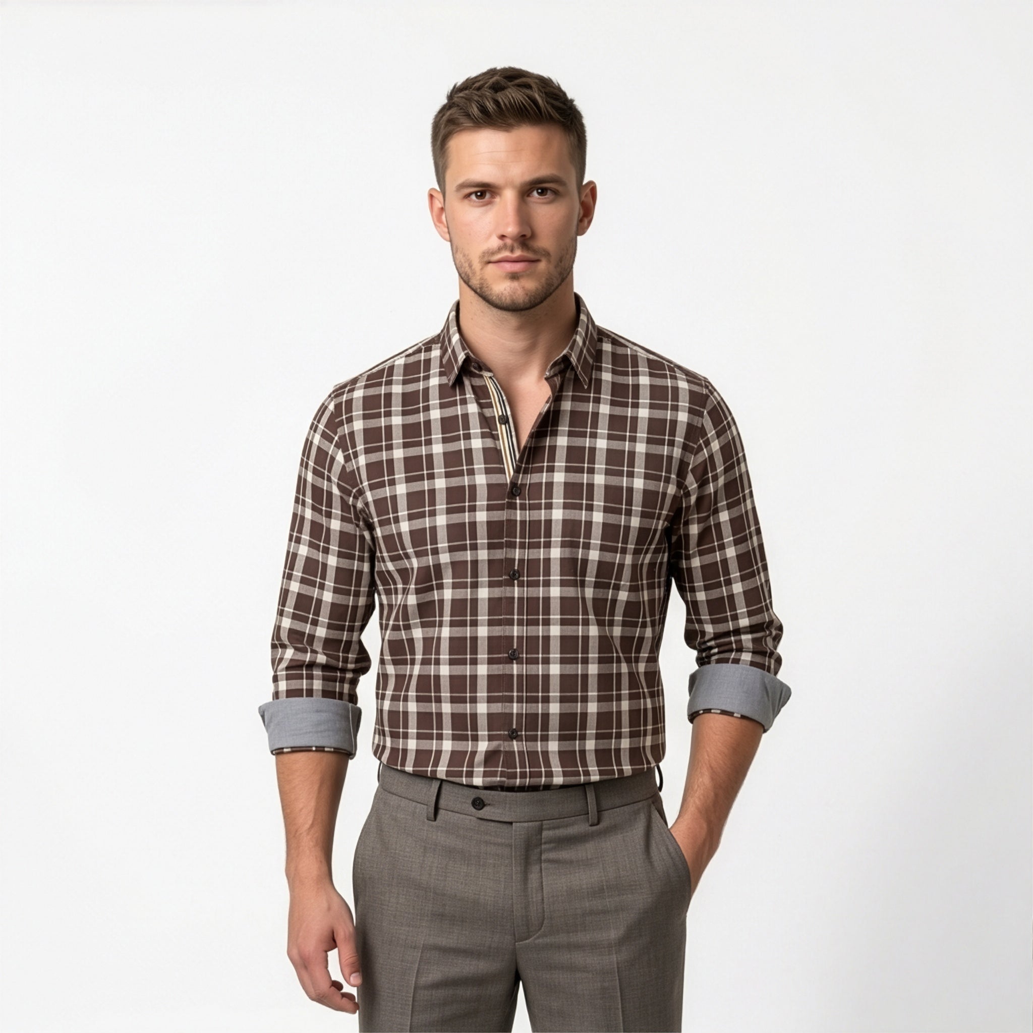 Americus Mens Cotton Check Shirt Dark Brown Cream