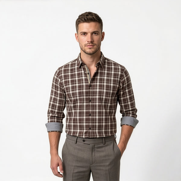Americus Mens Cotton Check Shirt Dark Brown Cream