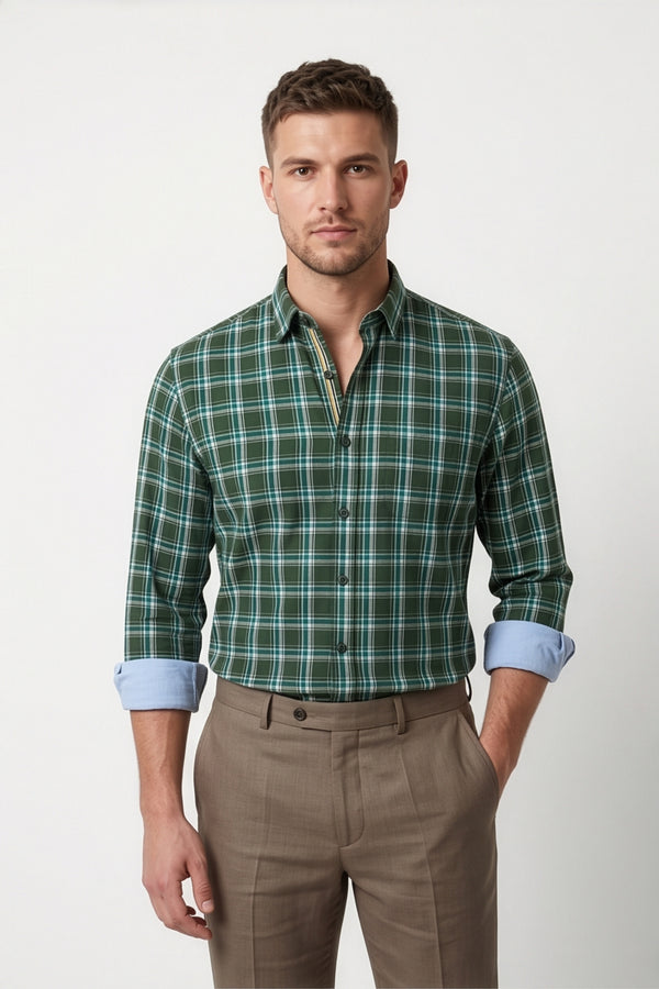 Americus Mens Cotton Check Shirt Forest Green Teal