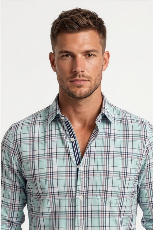Americus Mens Cotton Check Shirt Mint Navy