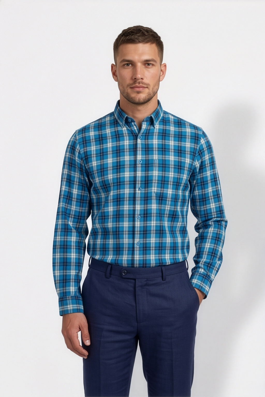 Americus Mens Cotton Check Shirt Ocean Blue