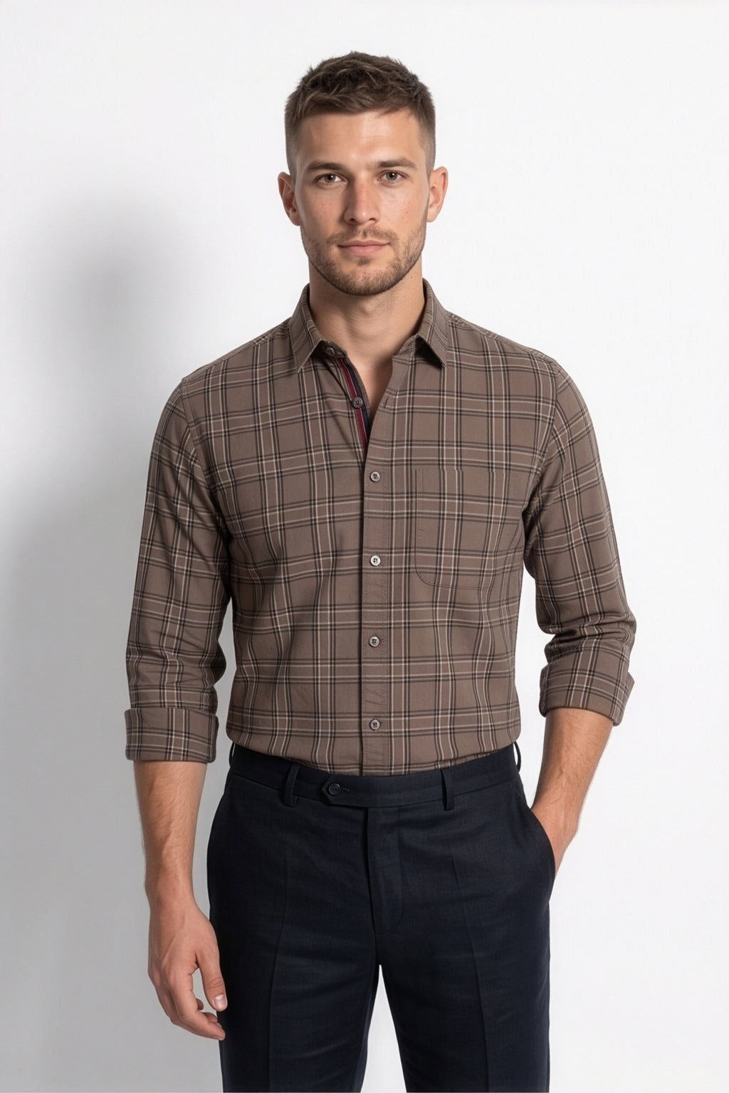 Americus Mens Cotton Check Shirt Khaki Brown