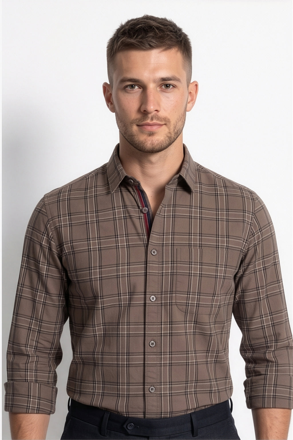 Americus Mens Cotton Check Shirt Khaki Brown