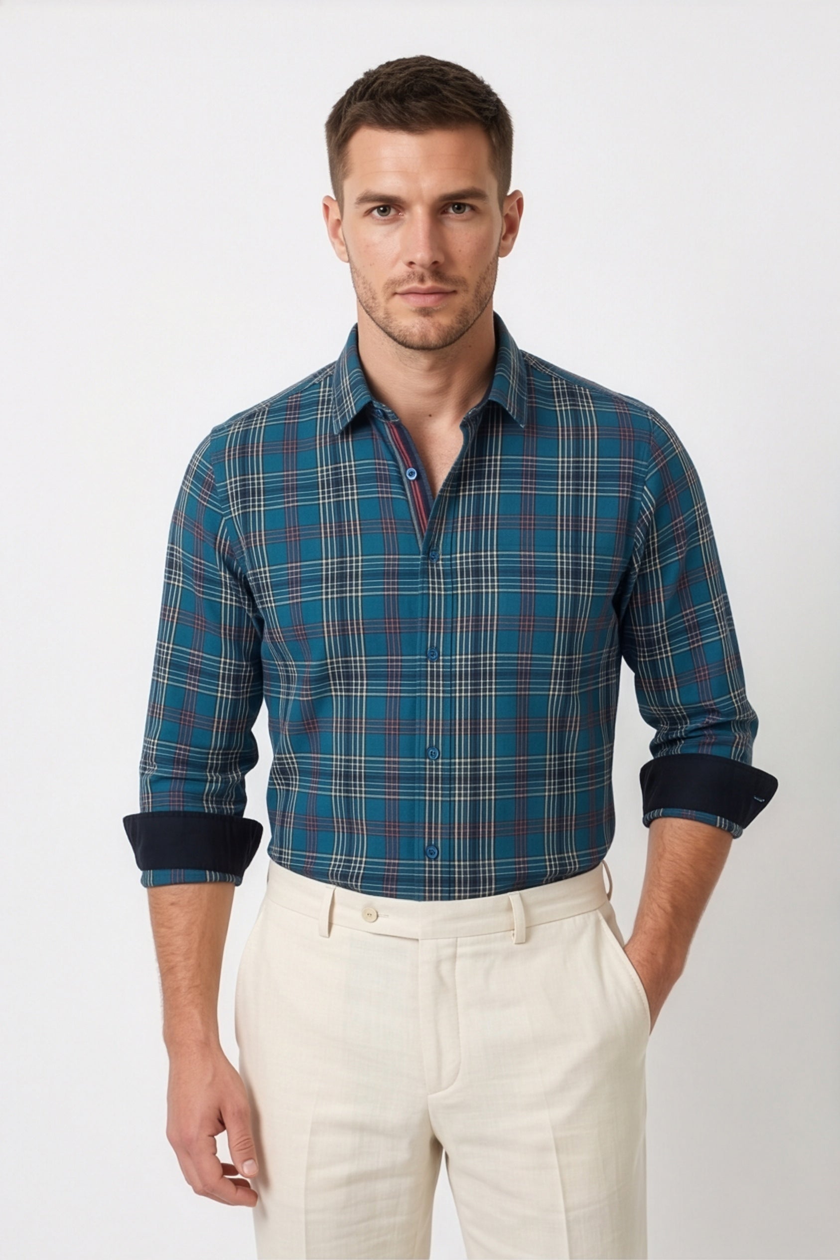 Americus Mens Cotton Check Shirt Teal Tartan