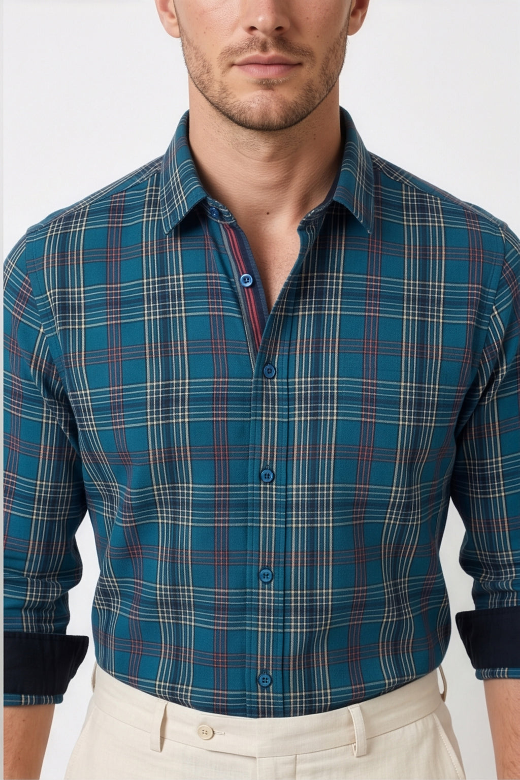 Americus Mens Cotton Check Shirt Teal Tartan