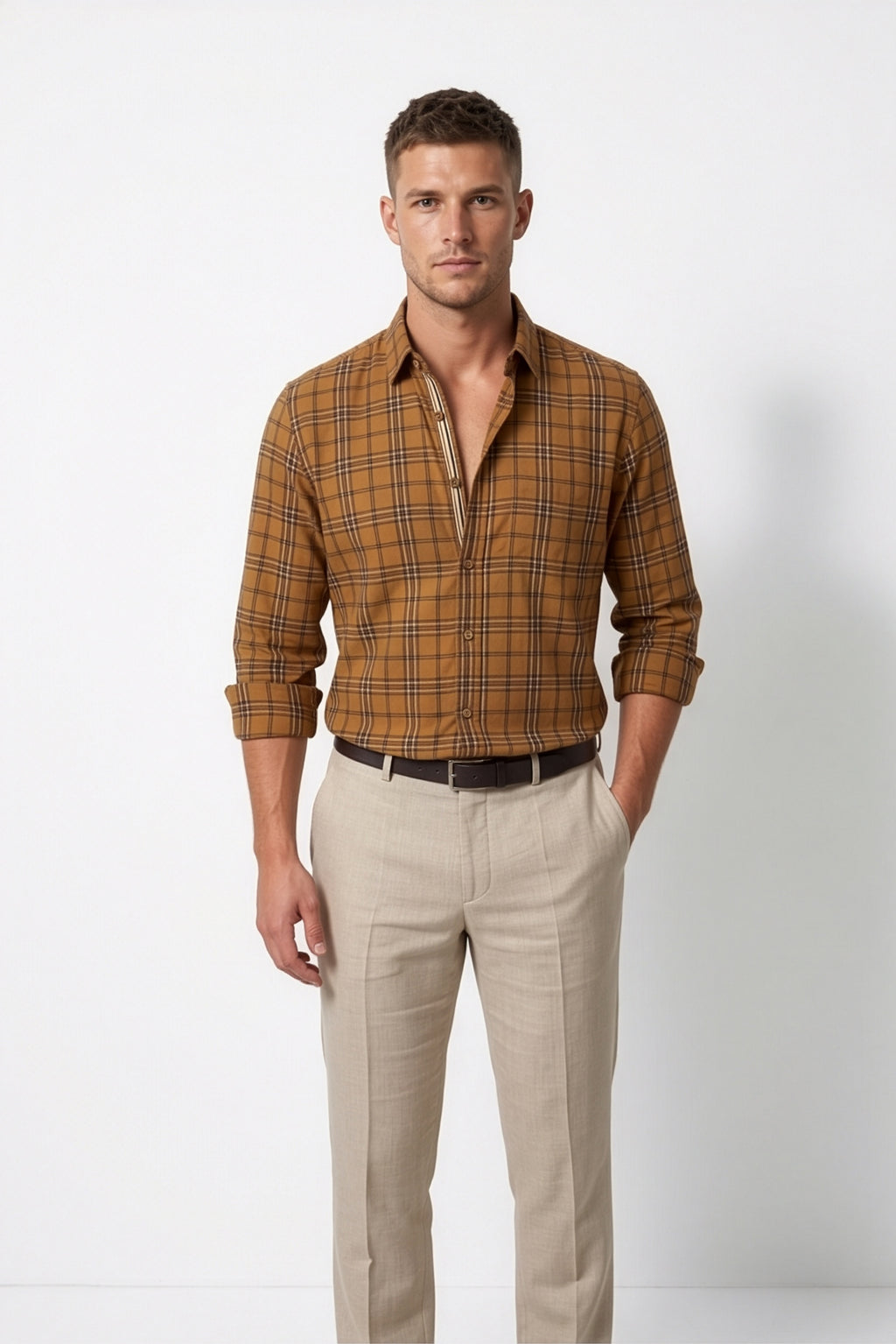 Americus Mens Cotton Check Shirt Camel Brown Tartan