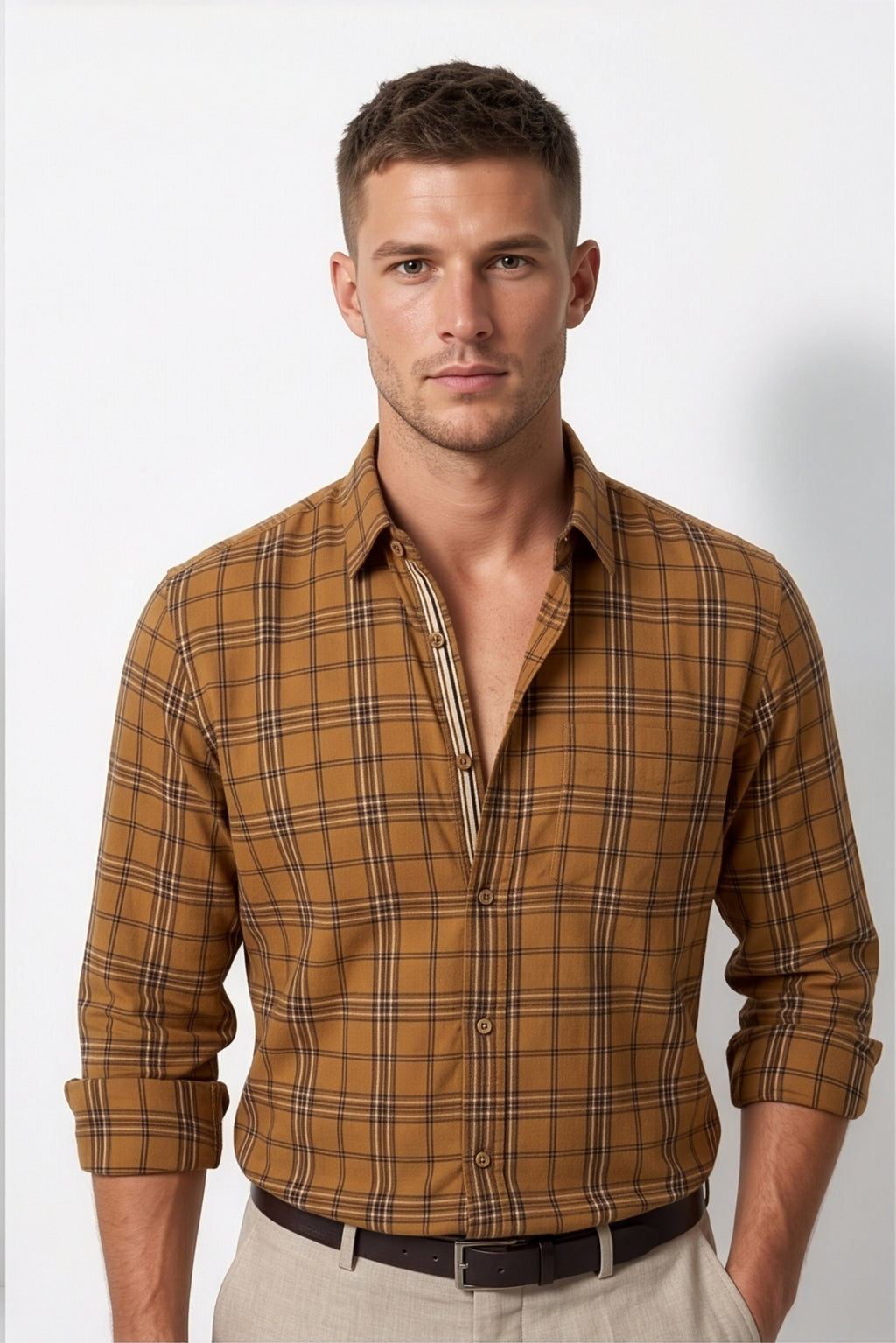 Americus Mens Cotton Check Shirt Camel Brown Tartan