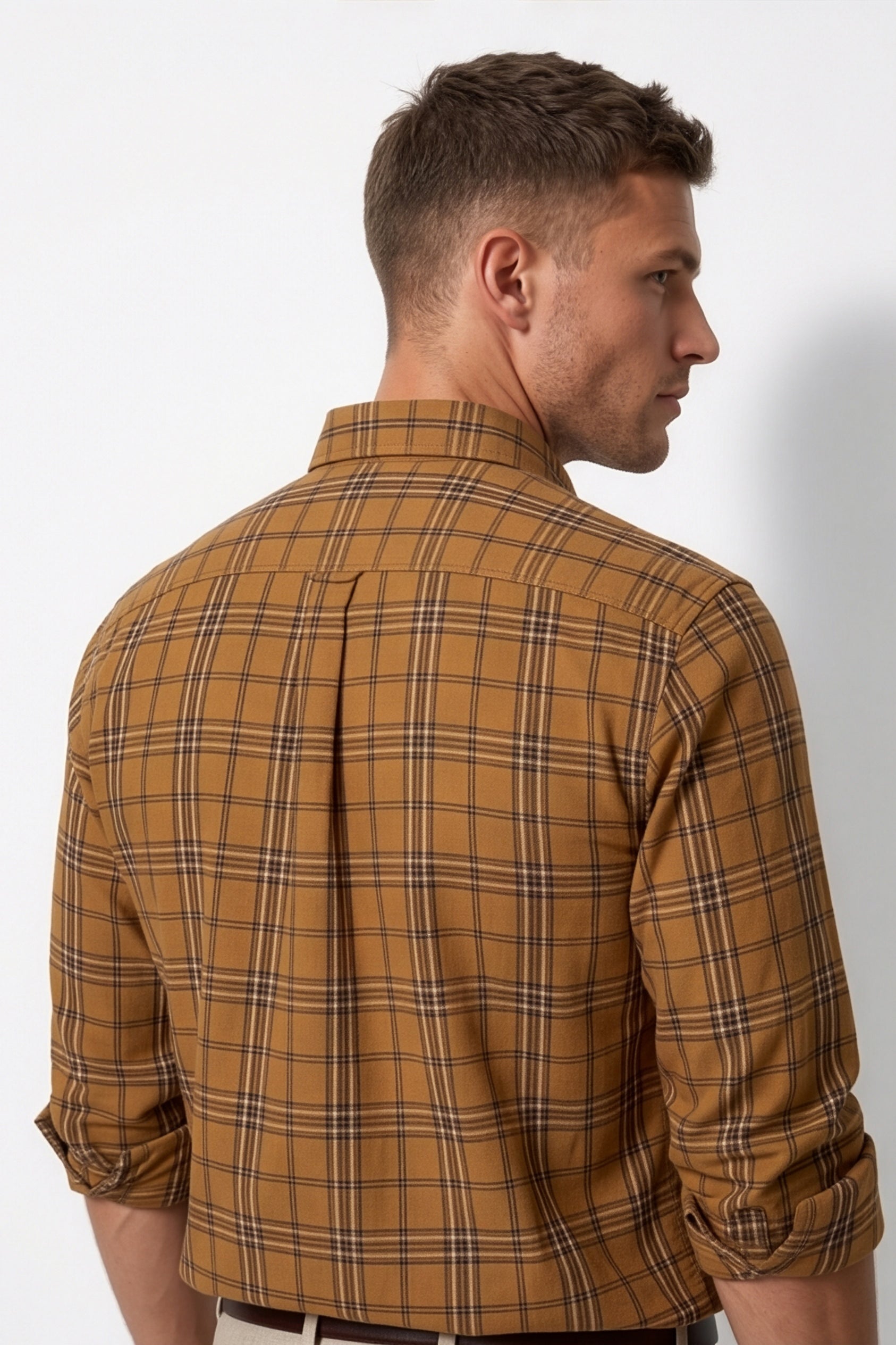 Americus Mens Cotton Check Shirt Camel Brown Tartan