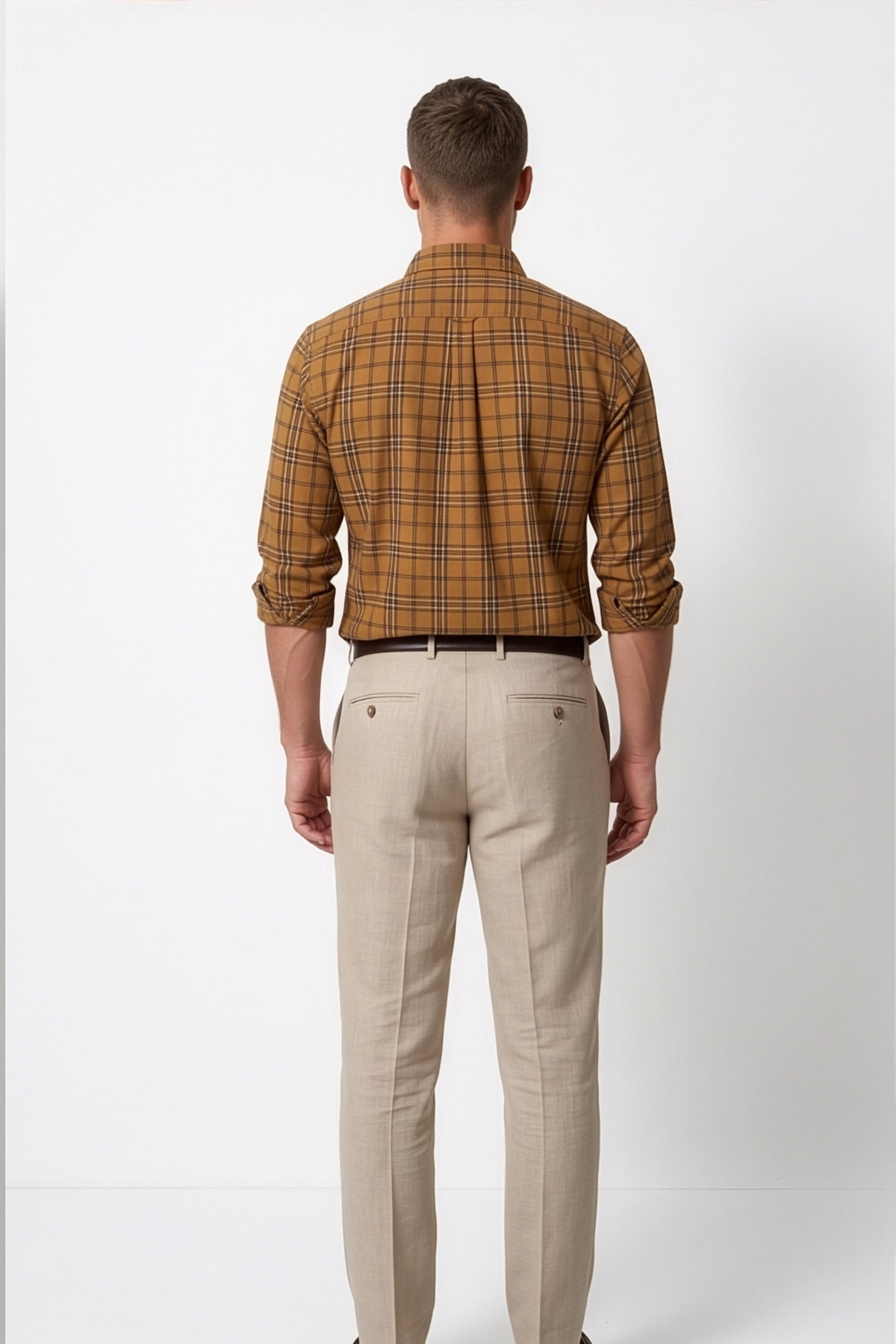 Americus Mens Cotton Check Shirt Camel Brown Tartan
