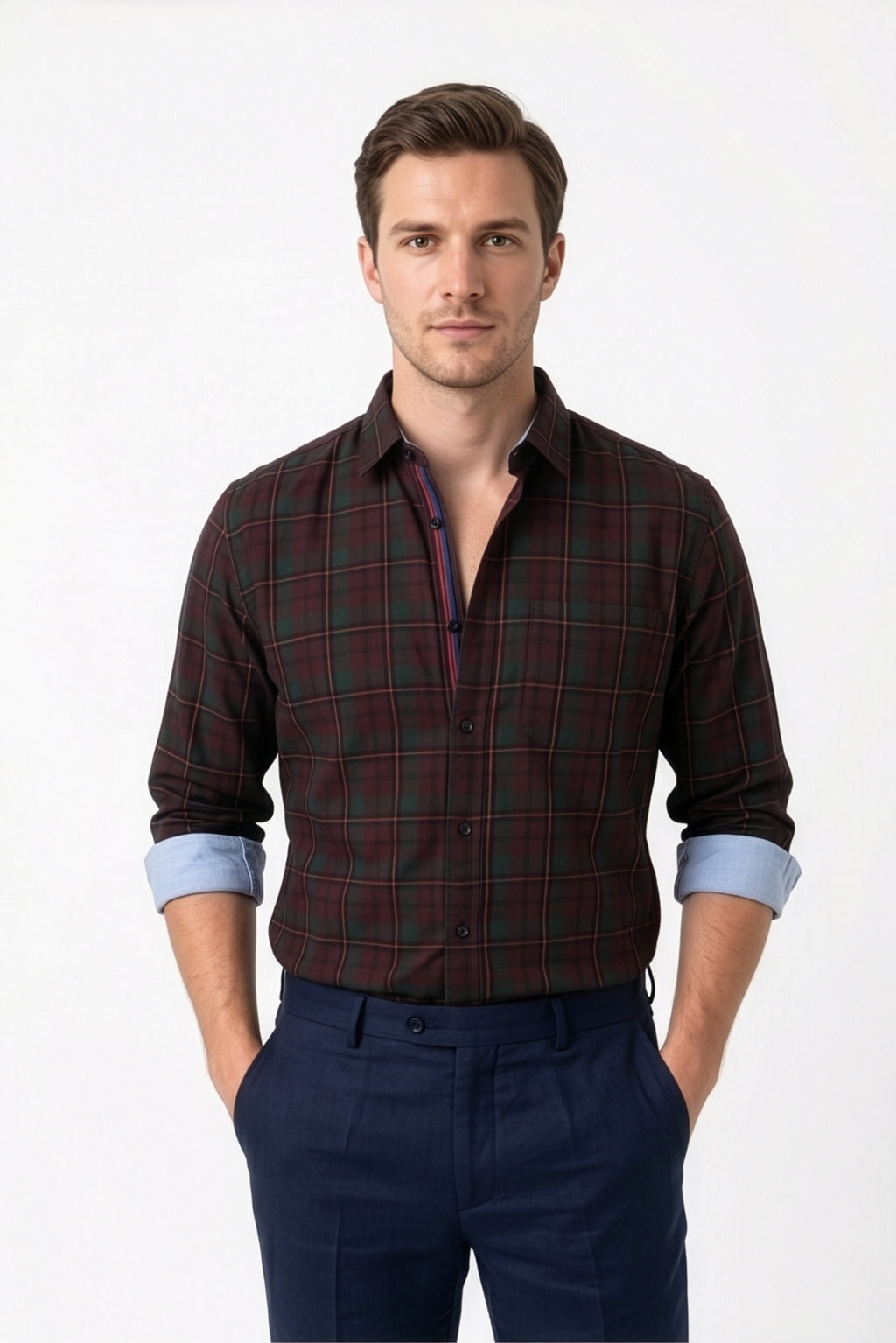 Americus Mens Cotton Check Shirt Burgundy Forest Green Tartan