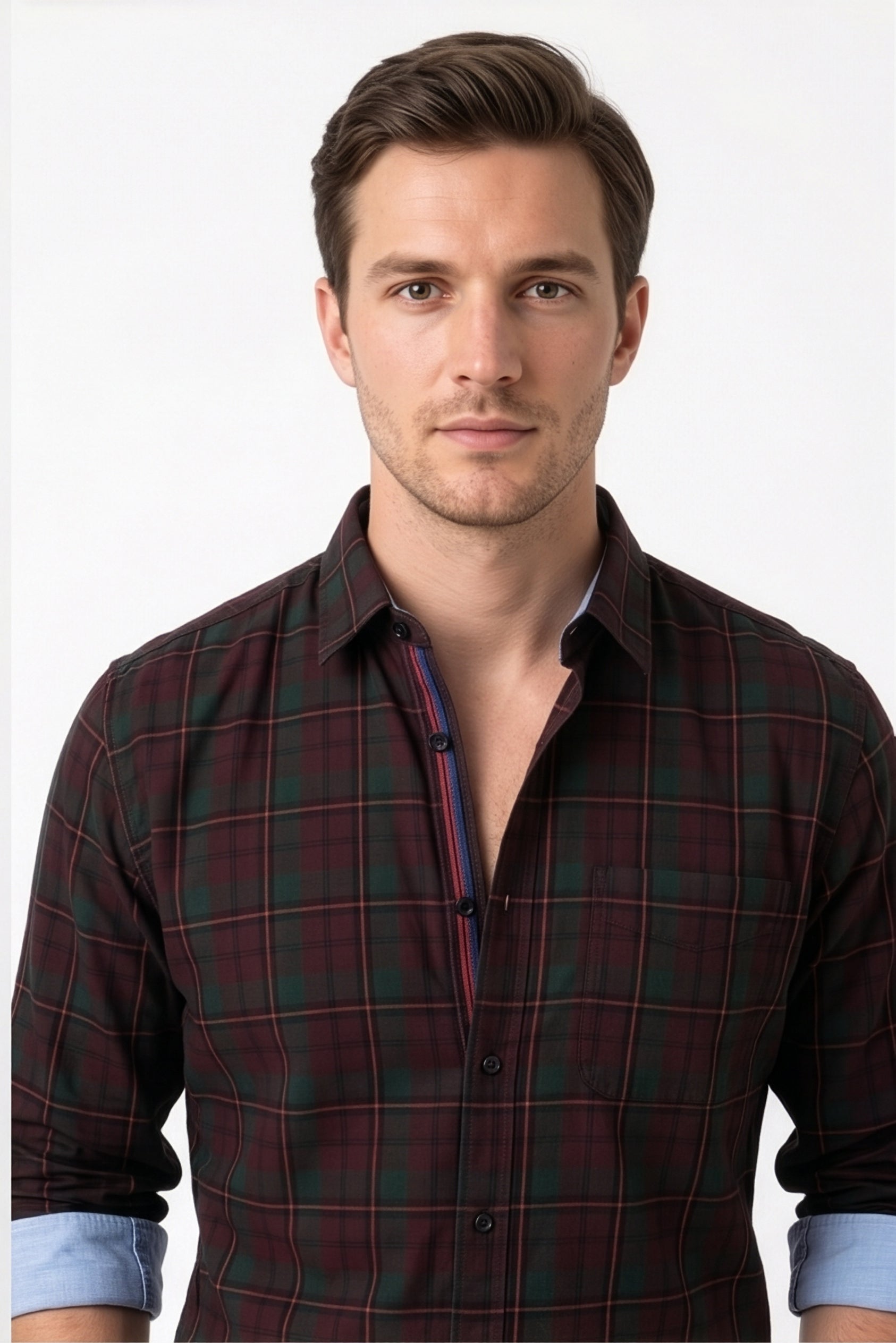 Americus Mens Cotton Check Shirt Burgundy Forest Green Tartan