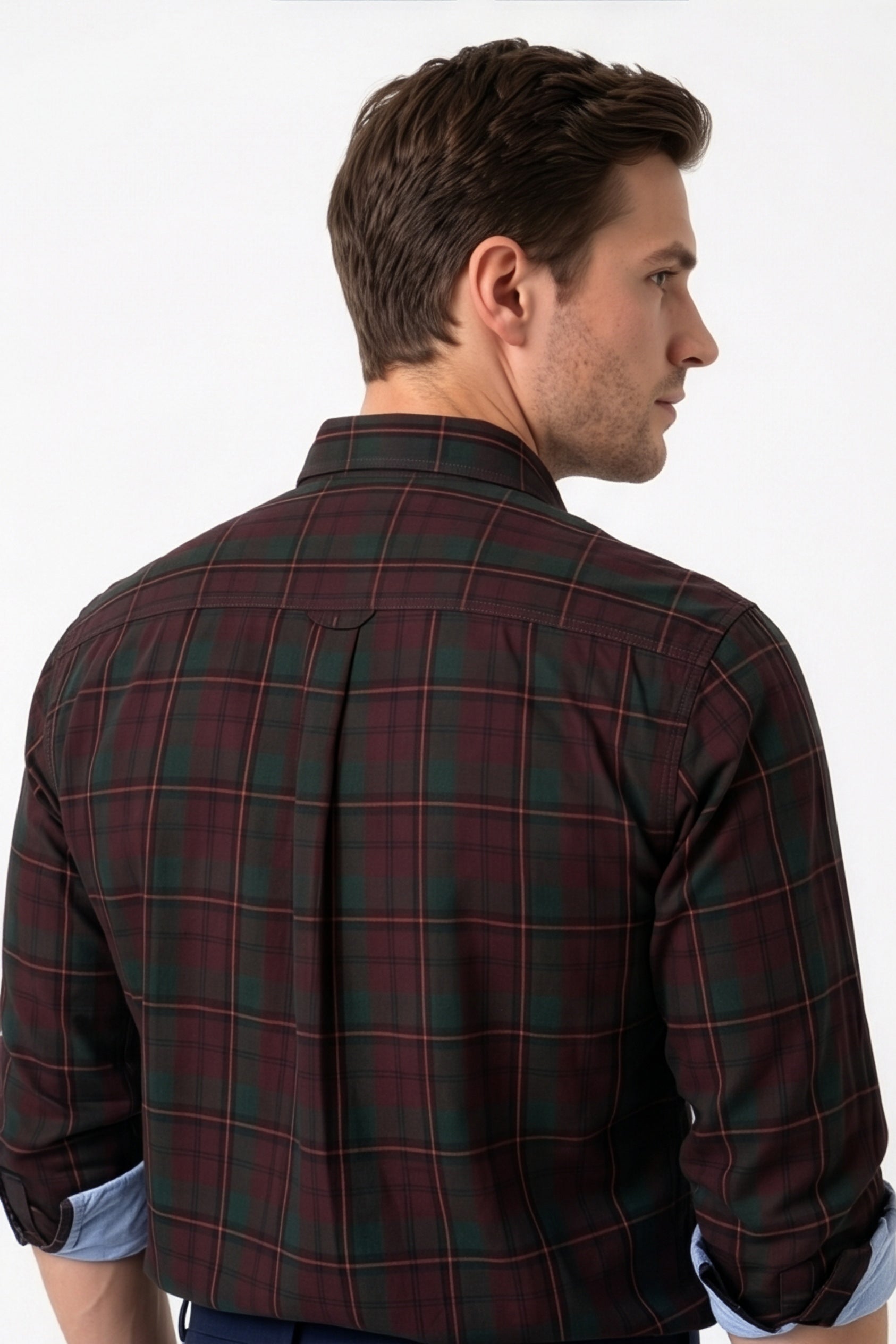 Americus Mens Cotton Check Shirt Burgundy Forest Green Tartan