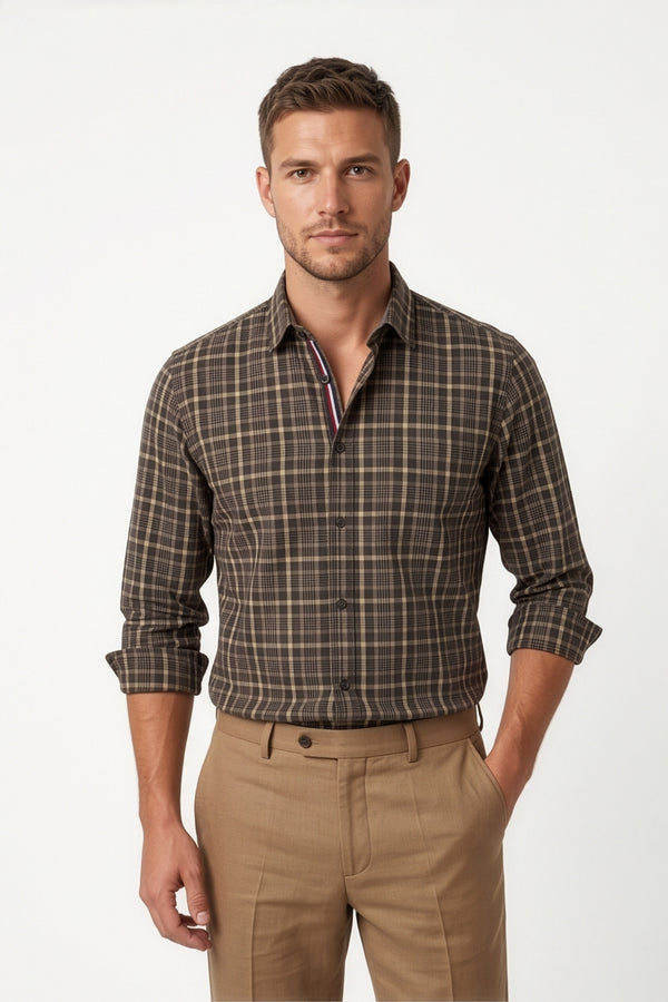 Americus Men's Cotton Check Shirt – Olive Brown