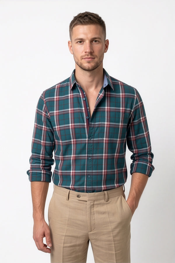 Americus Men's Cotton Check Shirt – Teal Burgundy