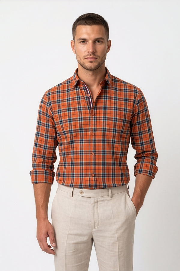 Americus Men's Cotton Check Shirt – Orange Teal