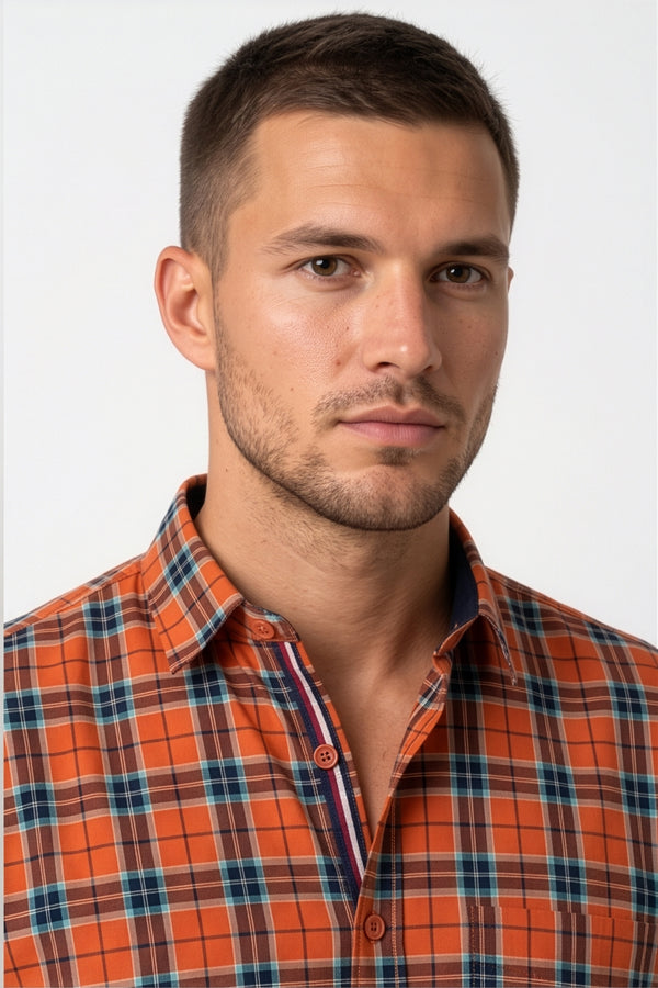 Americus Men's Cotton Check Shirt – Orange Teal