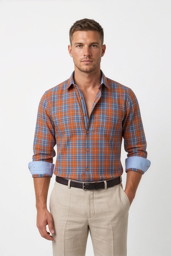 Americus Men's Cotton Check Shirt – Rust Blue