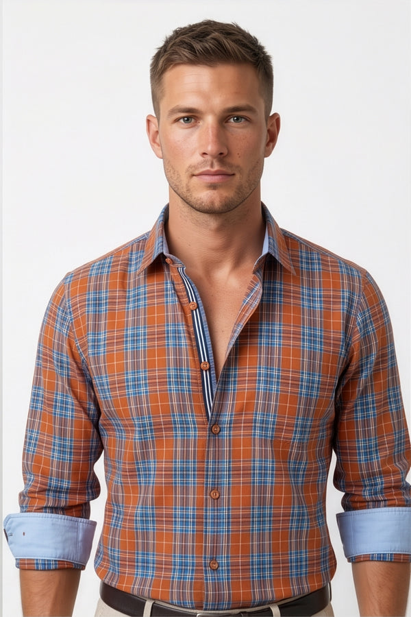 Americus Men's Cotton Check Shirt – Rust Blue