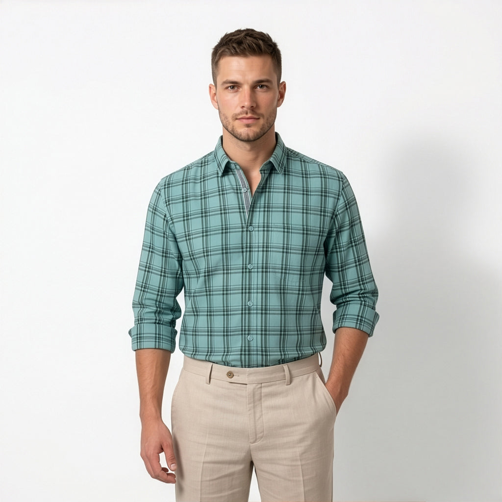 Americus Men's Cotton Check Shirt - Sage Green