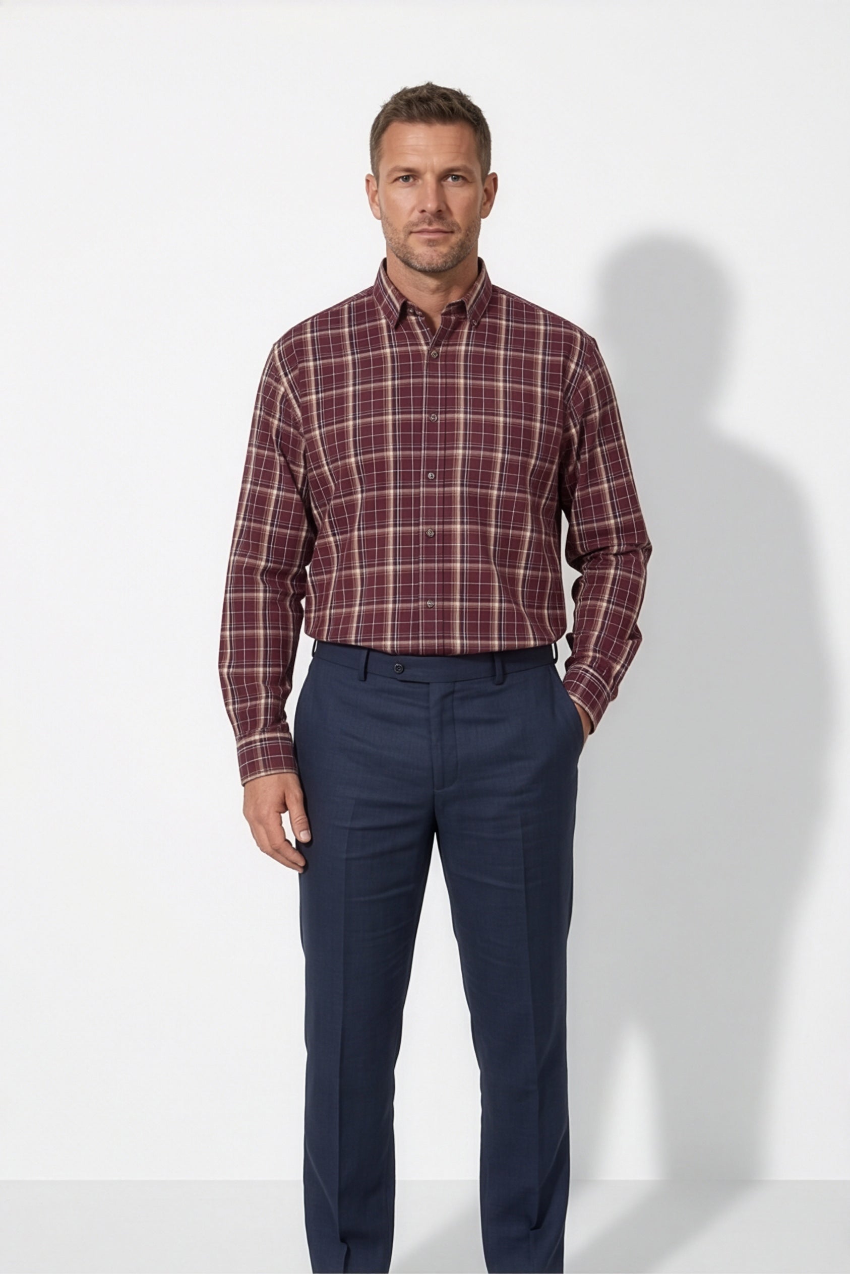 Americus Men's Plus Size Casual Shirt Deep Wine Cream Plaid