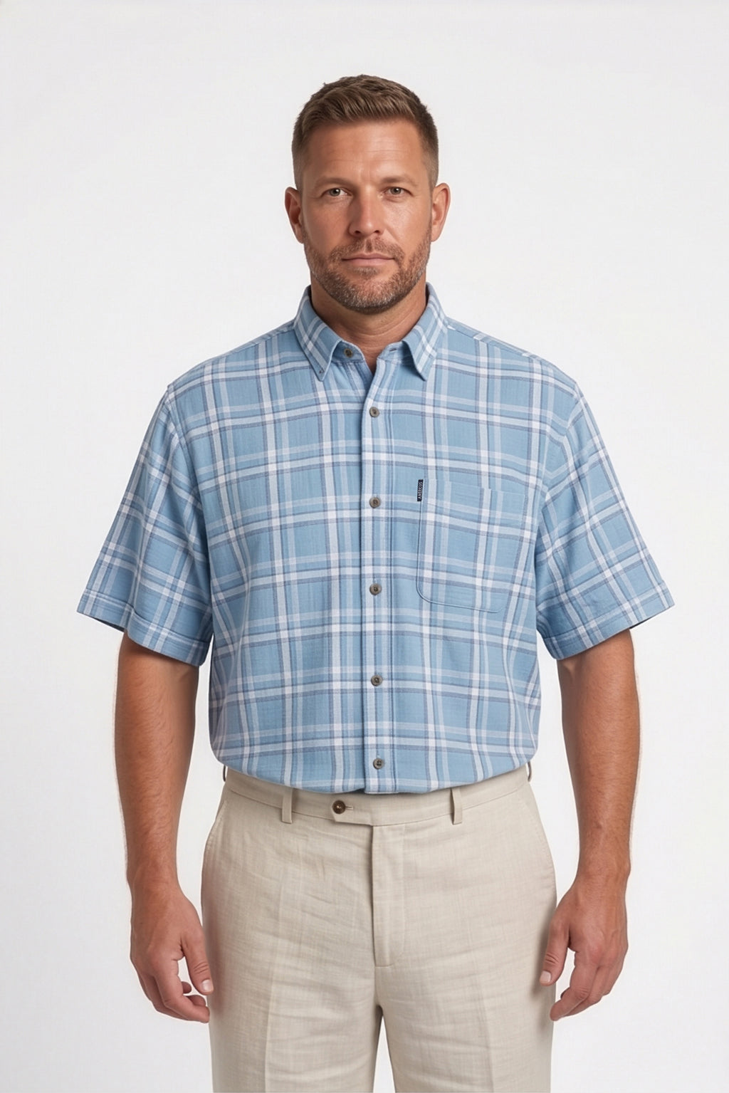 Americus Men's Plus Size Casual Shirt Sky Blue White Large Windowpane
