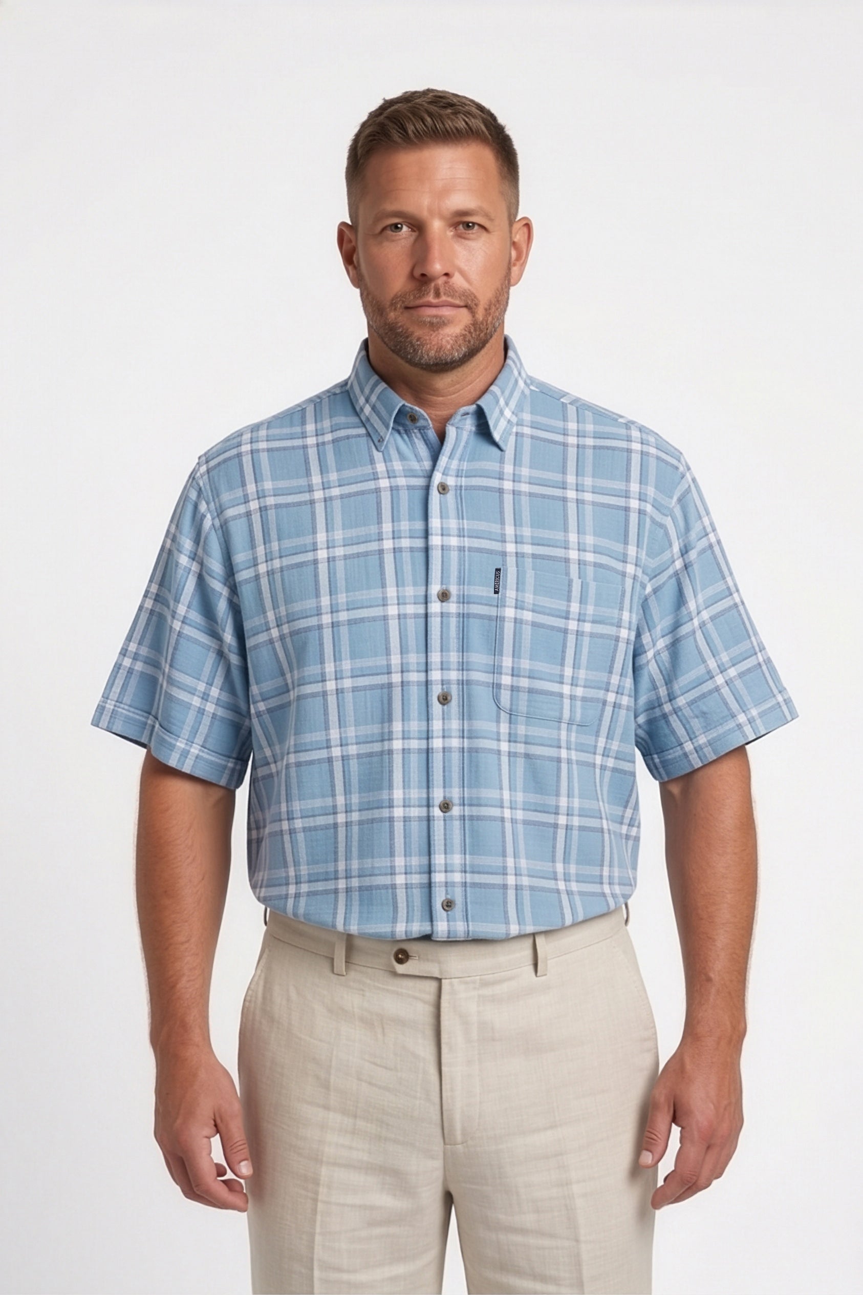 Americus Men's Plus Size Casual Shirt Sky Blue White Large Windowpane