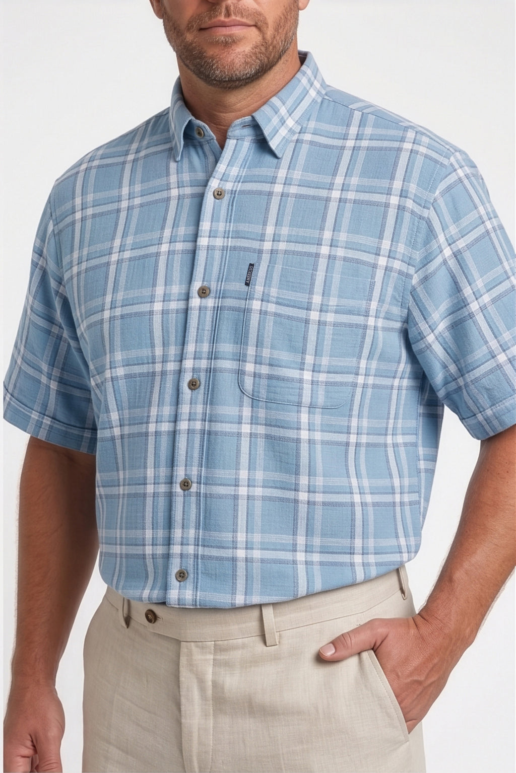Americus Men's Plus Size Casual Shirt Sky Blue White Large Windowpane