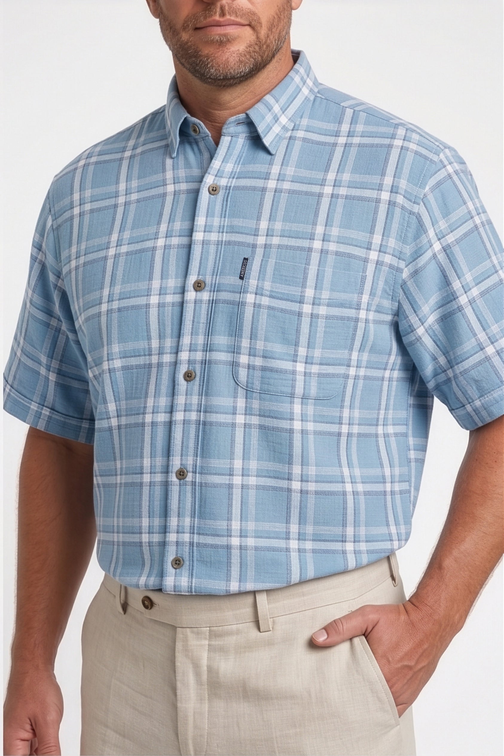 Americus Men's Plus Size Casual Shirt Sky Blue White Large Windowpane
