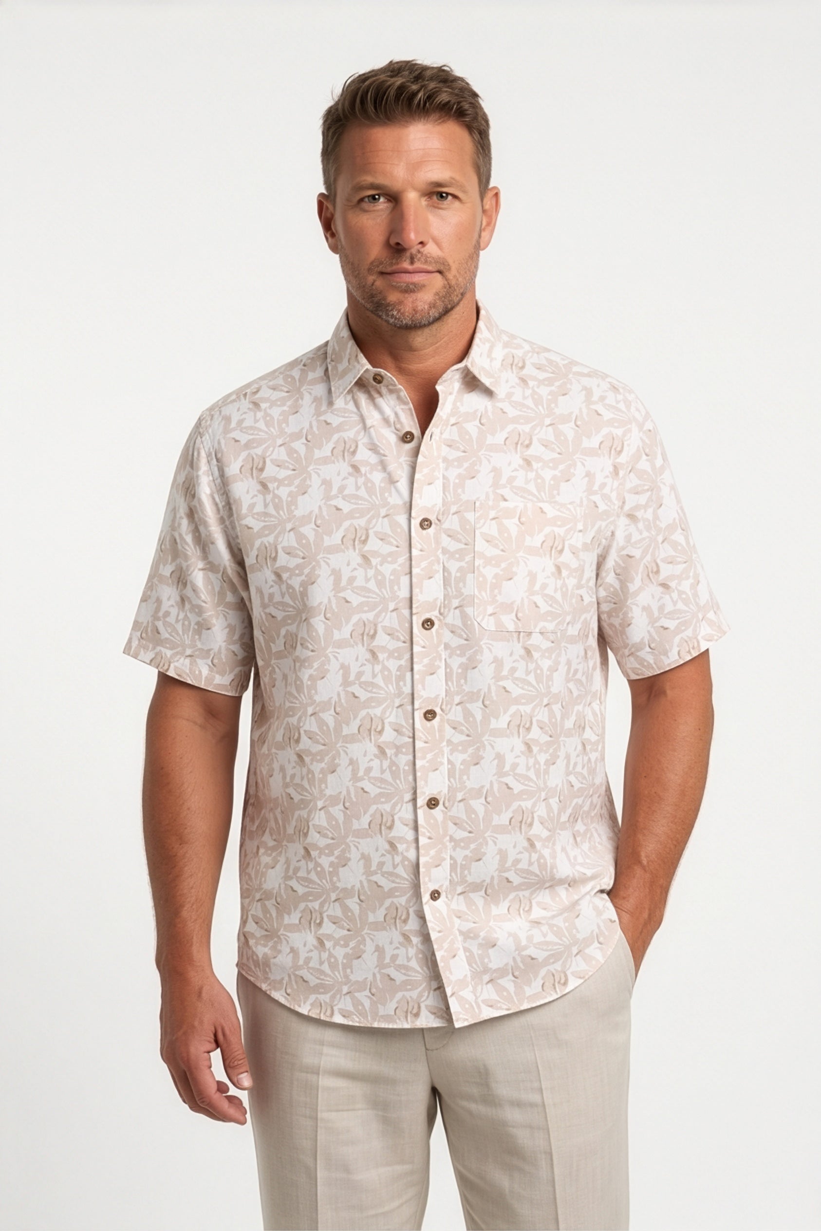 Americus Men's Plus Size Casual Shirt Ivory Sand Tonal Floral