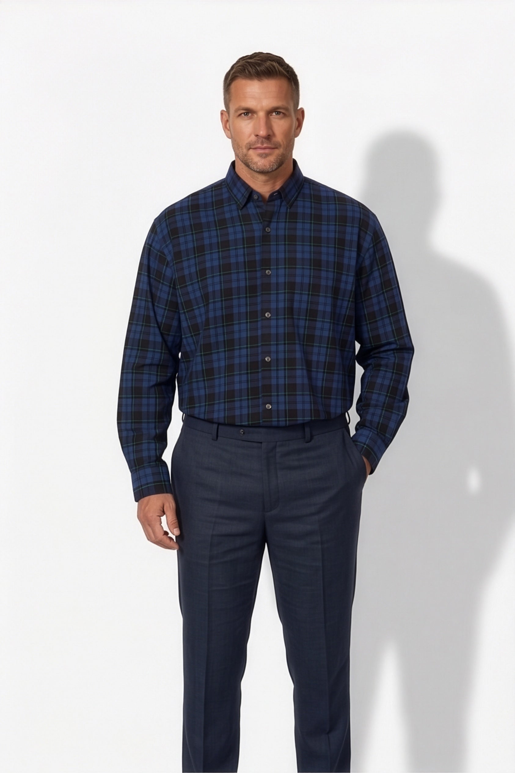 Americus Men's Plus Size Casual Shirt Midnight Navy Black Watch Tartan